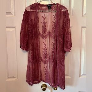 Miss Chievous Sheer Lace Kimono in Burgundy